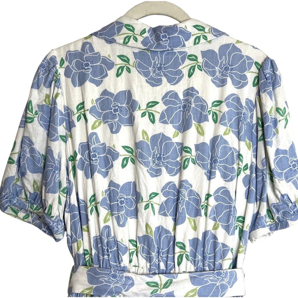 Draper James RSVP Womens Puff Sleeve Shirt Dress M Sky Floral Linen Blend Belted - Picture 4 of 7